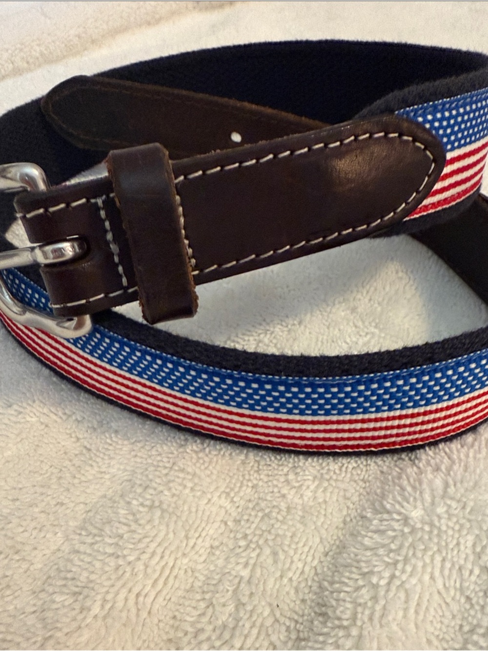 Vineyard Vines Kids Brown Leather Belt with Red, White & Blue Stripe